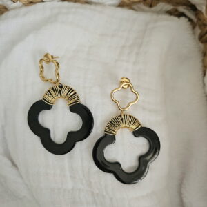 Boucles d’Oreilles “Nuit Dorée” – Trèfle Noir & Doré
